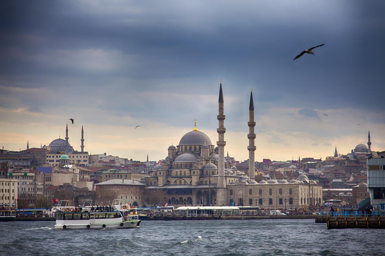 View of new Mosque in Istanbul, Bosphorus river in front of skyline