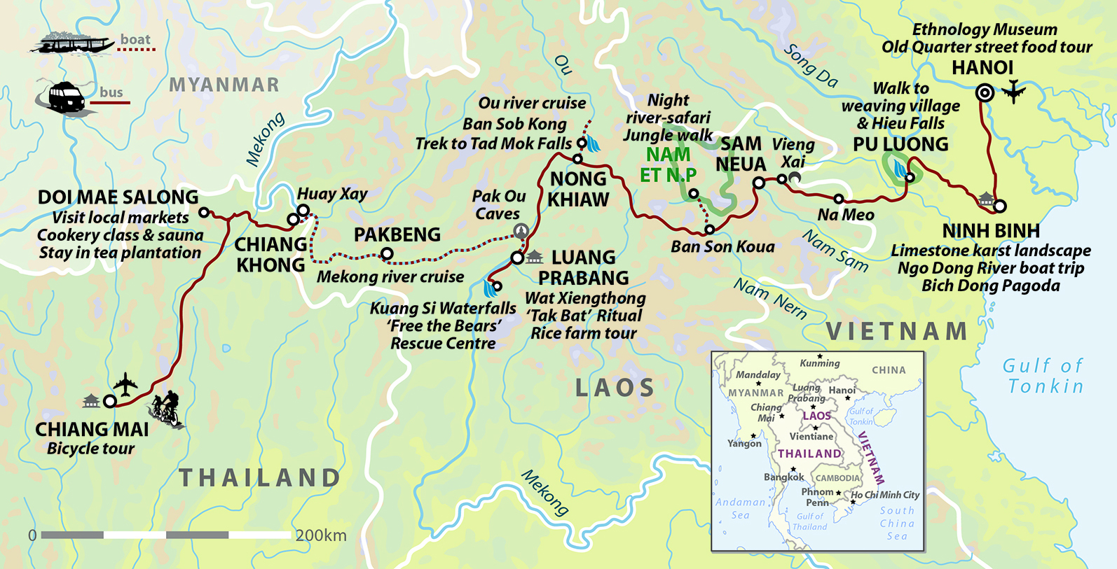 Backroads of Northern Indochina: Vietnam, Laos & Thailand Map