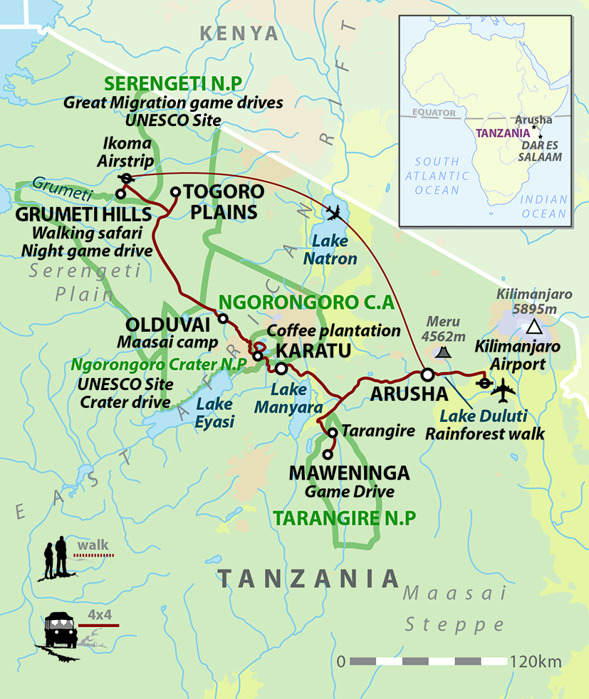 Tanzania: Safari, Serengeti & Maasai Heartlands Map