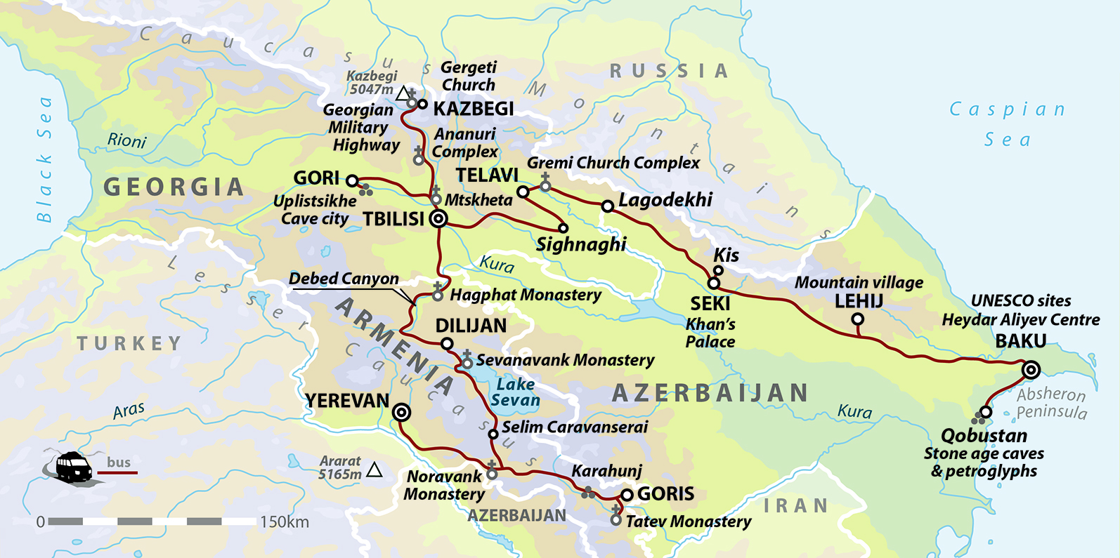 Azerbaijan, Georgia & Armenia: Across the Caucasus Map
